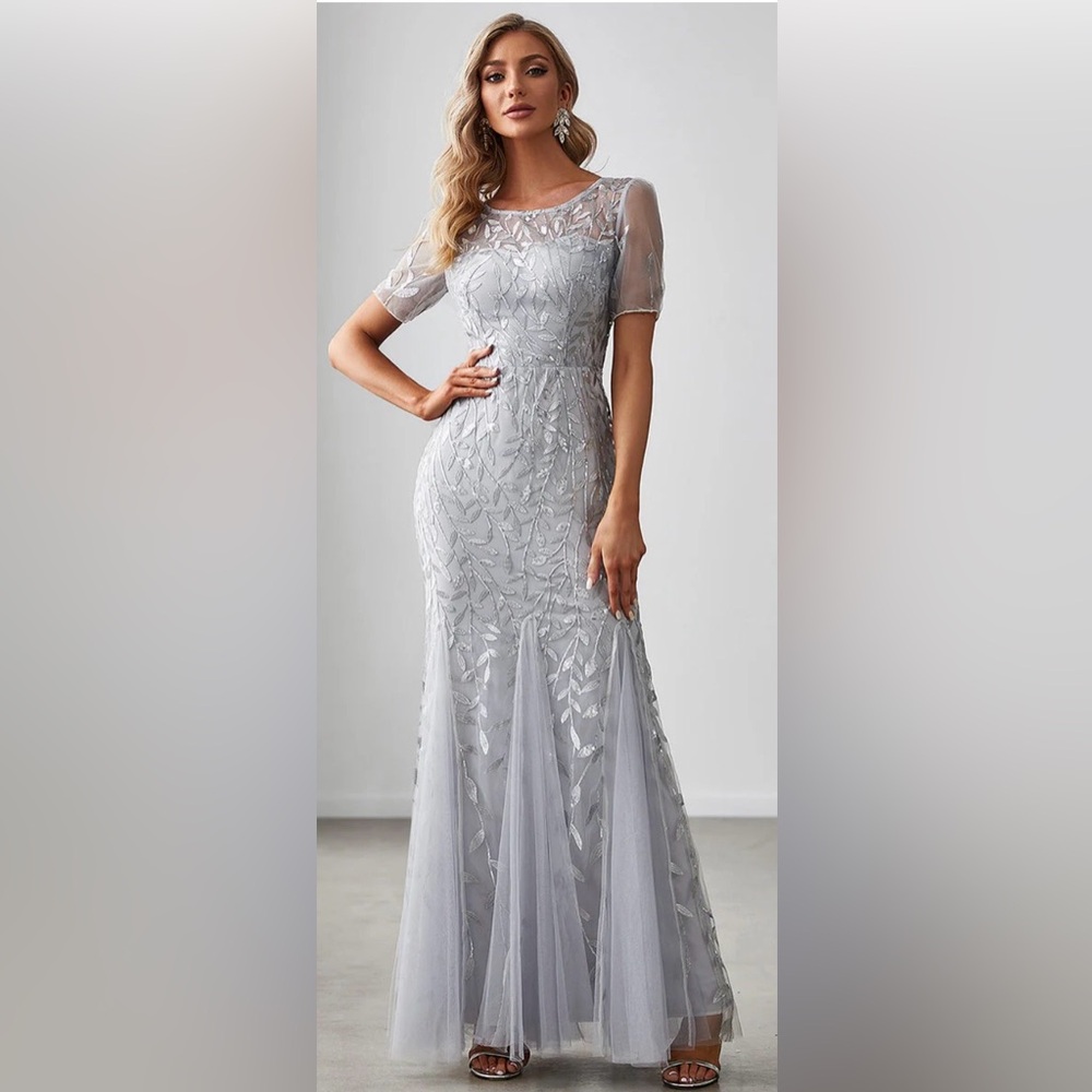 Ever Pretty Silver Sequin Leaf Mesh Fishtail Hem Gown size4
